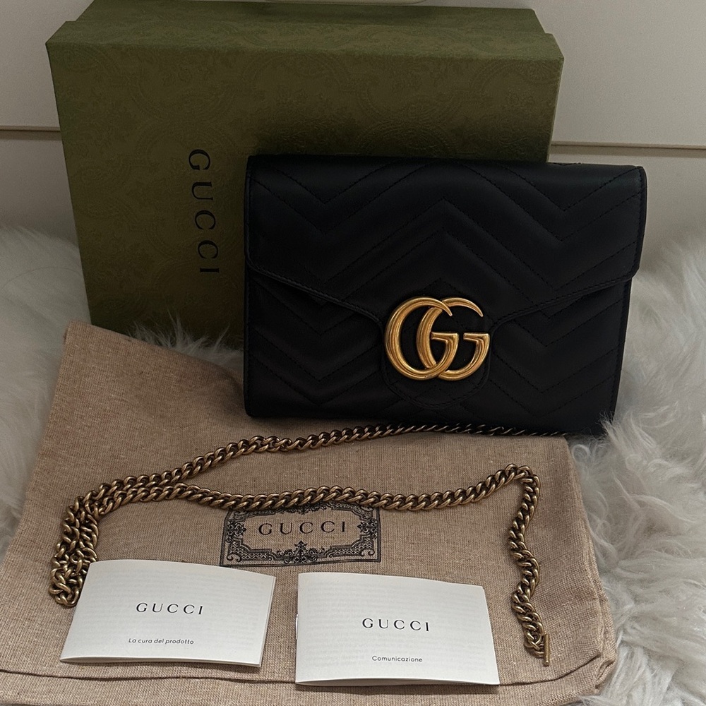 Gucci Black Chevron Quilted Leather Crossbody with Gold GG